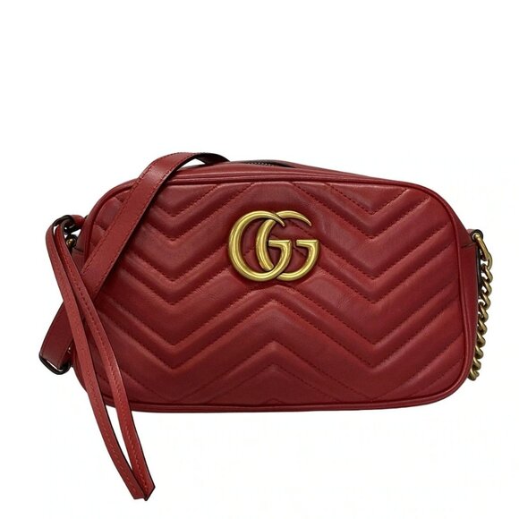Auth GUCCI GG Marmont Quilting Small Shoulder Bag Red Leather - - Picture 1 of 14
